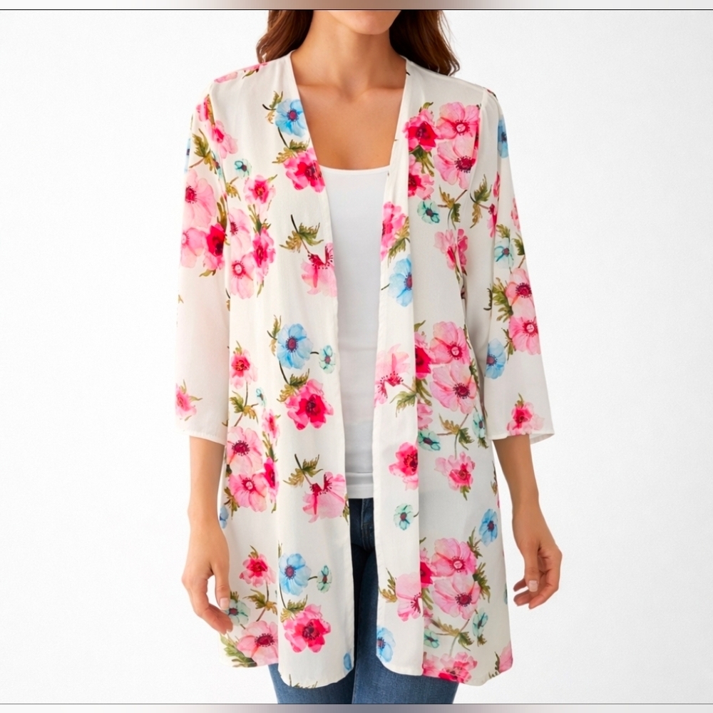 Floral Open Front Kimono - White with Pink & Blue Blossoms